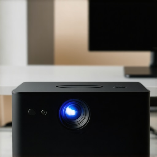 A sleek, portable projector with bright controls and small form factor