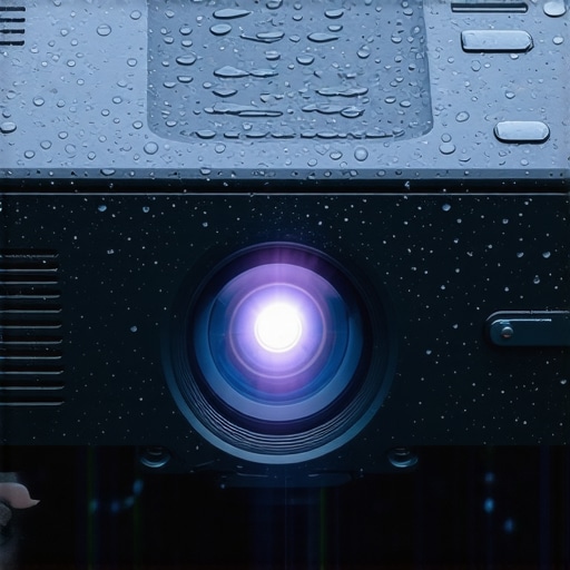 Portable projector with water droplets and rugged design for outdoor conditions