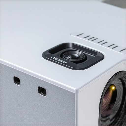 Close-up image of portable projector's rugged casing and textured surface