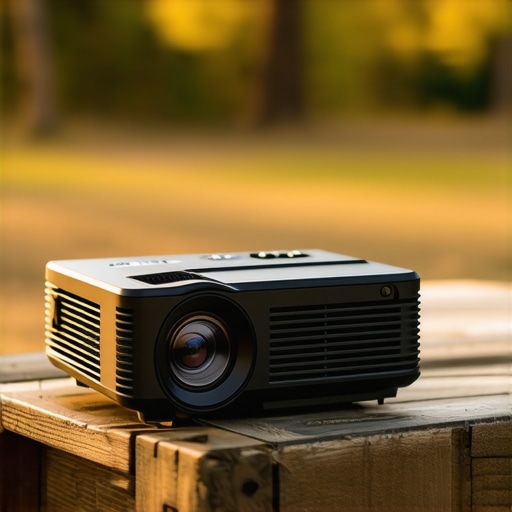 A sturdy, outdoor-ready portable projector with shock-absorbent casing and cooling vents on a camping table at dusk.