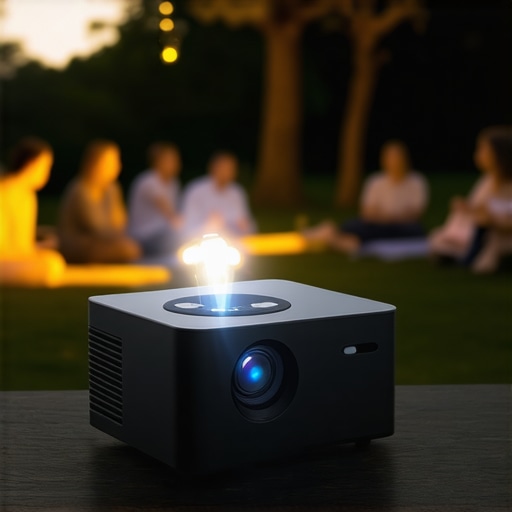 Portable projector with weatherproof design in outdoor setting at night.