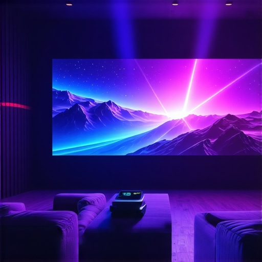 Luxurious home theater with a 4K laser projector displaying vibrant images on a large screen.