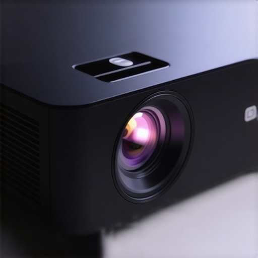 Close-up view of a modern laser projector highlighting its durable build and adjustable lens.