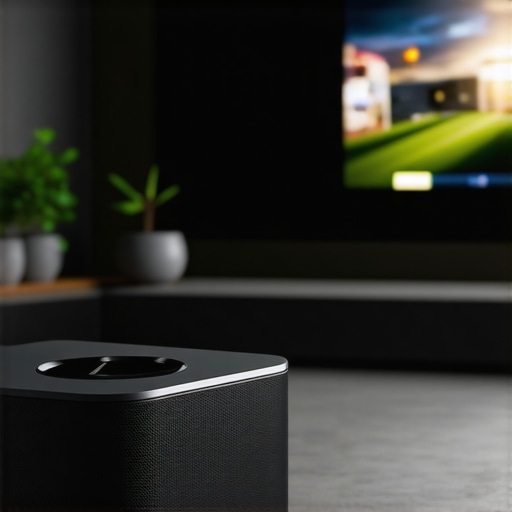 A sleek, contemporary smart projector projecting a clear image onto a screen in a cozy home theater environment.