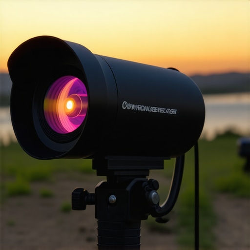 A high-performance laser projector displaying vibrant images outdoors at sunset.