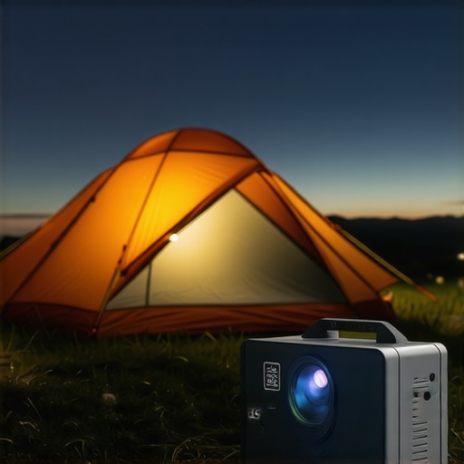 Portable projector set up outdoors next to camping tent with night sky