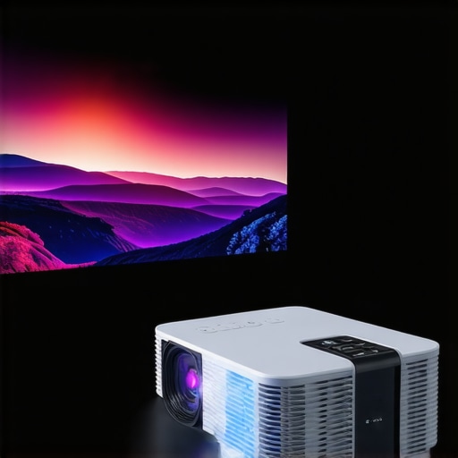 A portable projector projecting bright, colorful image onto wall in a dark room, showcasing its compact design and interface