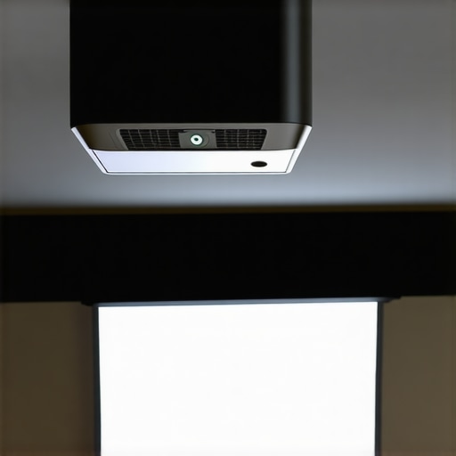 Ceiling-mounted laser projector displaying vibrant image on large screen