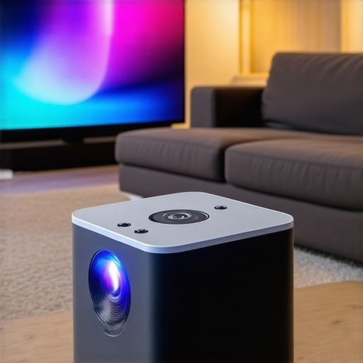 Person adjusting a portable laser projector in a living room with a large screen display.