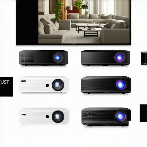 Various types of home theater projectors displayed side by side in a modern living room setting.
