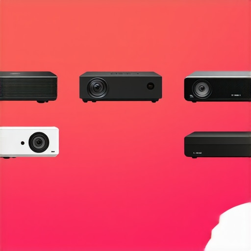 Different home theater projectors arranged to show various features and sizes in a living room
