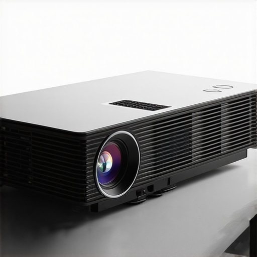 A stylish, modern projector with metallic accents and clean lines, sitting on a desk.