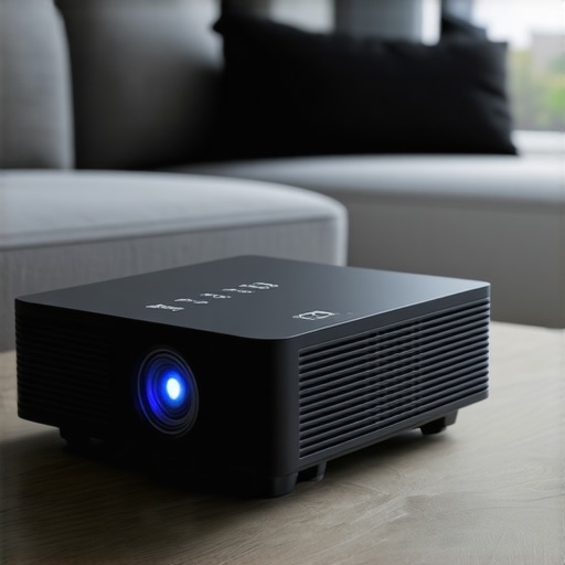 A high-tech Wi-Fi 7 laser projector with stylish design and illuminated controls in a contemporary living space.