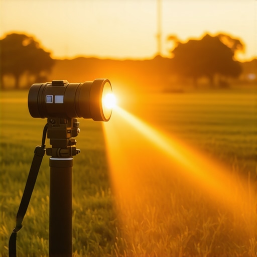 Portable laser projector functioning outdoors at sunset with weatherproof design.