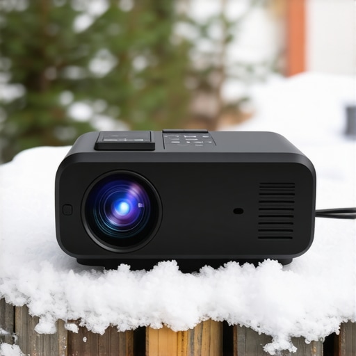 Portable projector outdoors in snow with protective casing, connected to streaming device