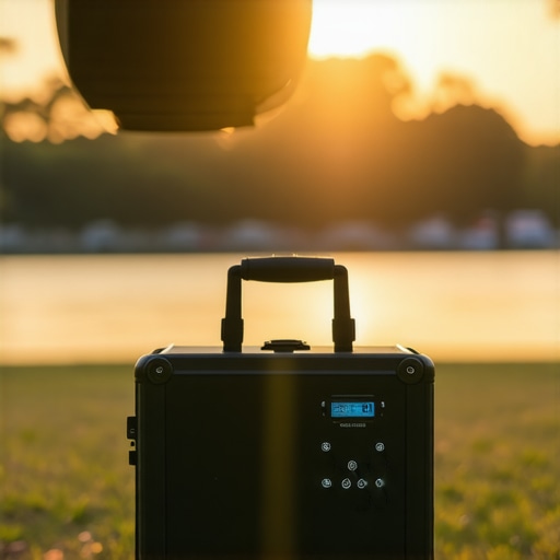 Portable laser projector outdoors during sunset showcasing performance in bright conditions