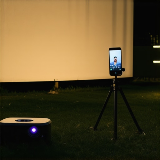 A compact portable projector projecting a movie onto a wall outdoors at night with a smartphone nearby.