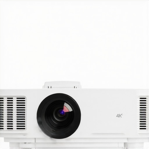 Close-up of a modern 4K projector illustrating its chassis, lens, and cooling vents.