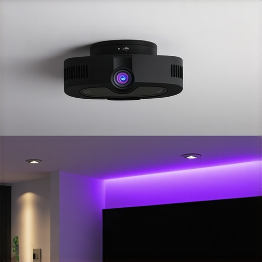 Low-mounted laser projector with adjustable lens projecting onto a wall in a basement setting