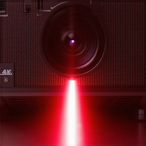 Build and Design of No More Grain Projector Close-up view of a high-quality 4K laser projector showing the lens and chassis