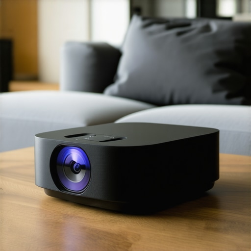 A modern laser projector with built-in speakers in a home theater setting