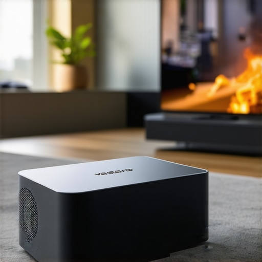 Modern portable laser projector projecting onto a wall in a cozy home environment