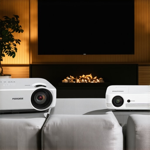 Comparison of Different Projector Types Various home theater projectors set up in a modern living room for comparison.