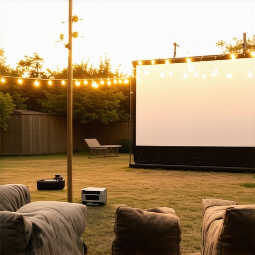DIY Outdoor Cinema Setup at Dusk Backyard outdoor cinema with projector, screen, and seating during evening