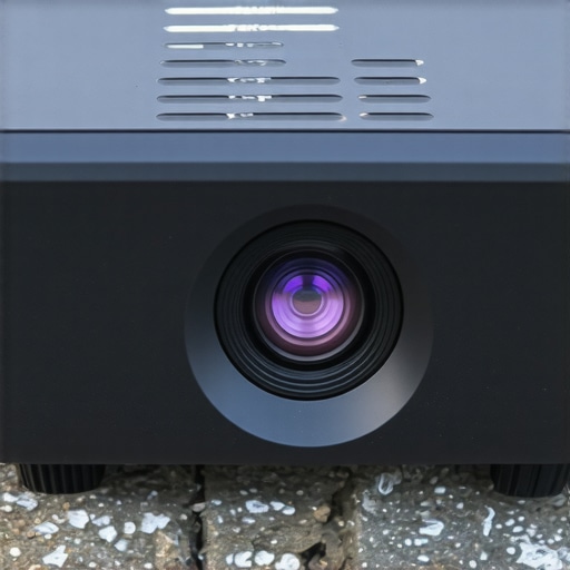 Close-up of rugged portable projector with textured rubber exterior in outdoor environment