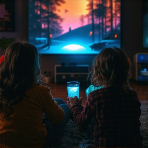 Family Watching Movie on UST Projector at Night Family enjoying a movie projected by an ultra-short throw projector in a cozy living room.