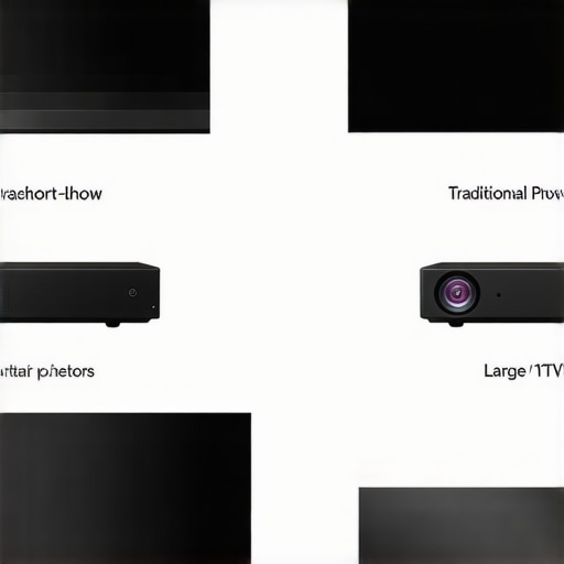 Visual comparison of UST projectors, traditional projectors, and large TVs in a living room