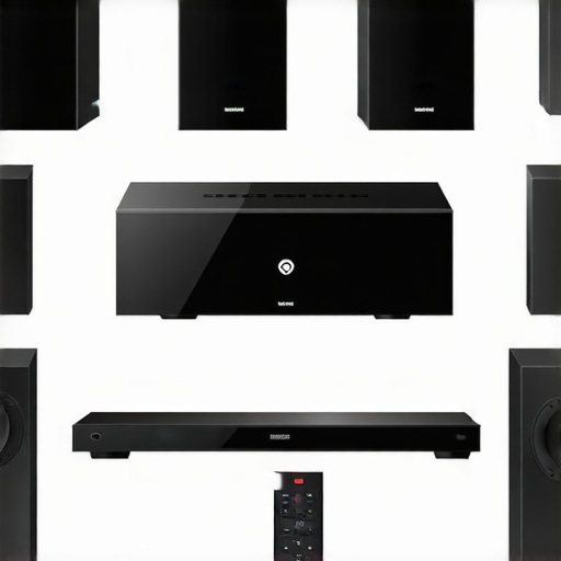 A sleek home theater setup with soundbar, subwoofers, and remote