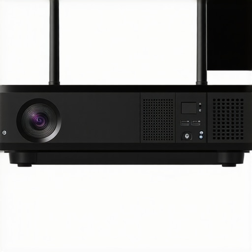 Detailed view of Wi-Fi antenna and internal components of a high-end 4K laser projector.