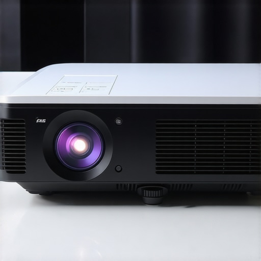Close-up of laser projector showing controls and vents in a home theater environment