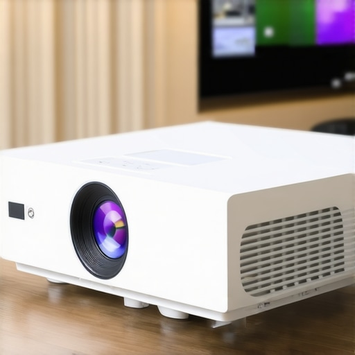 Close-up of sleek laser projector with illuminated controls and cooling vents in a home theater environment.