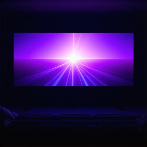 A sleek, advanced 4K laser projector projecting bright images onto a large screen in a dimly lit room.