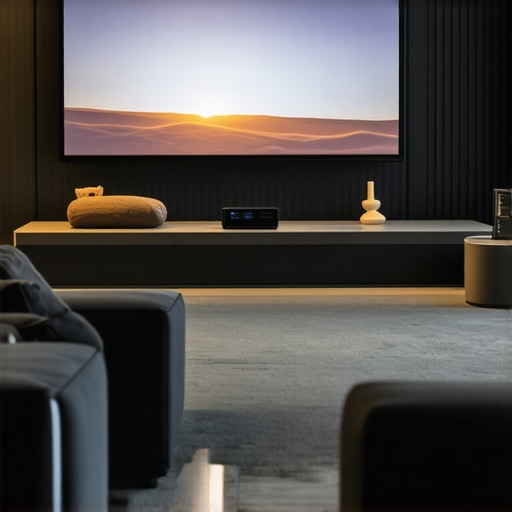 Modern living room with ultrashort throw projector UST projector projecting a large screen image in a contemporary living room