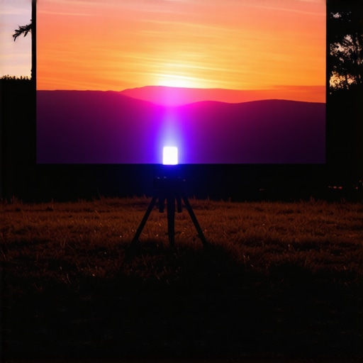 Laser projector projecting bright 4K image outdoors at dusk.