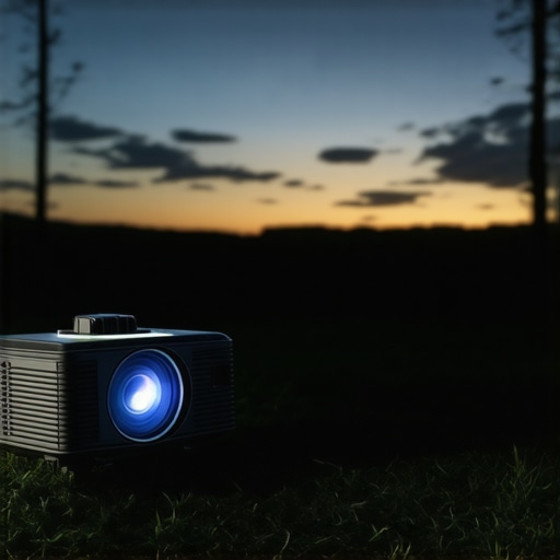Portable 4K projector outdoors showing movie in a camping environment.