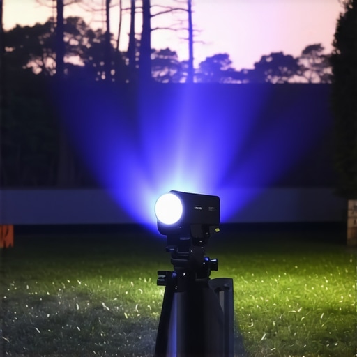 Outdoor Laser Projector in Action Laser projector displaying bright image in outdoor setting during night.