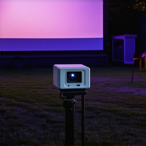Laser projector displaying bright movie image outdoors at dusk.