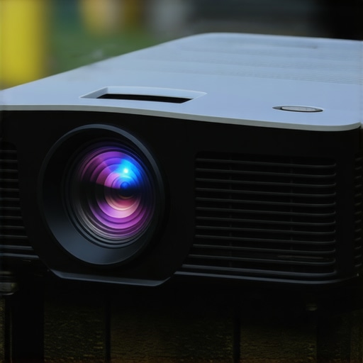 Outdoor Portable Projector Performance Portable projector with dust-resistant casing and cooling vents in outdoor environment