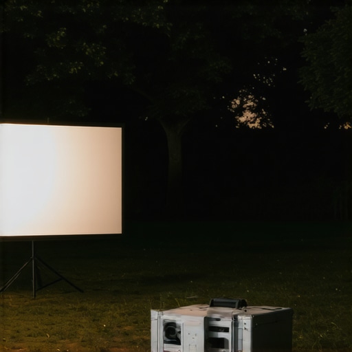 Outdoor Portable Projector Setup Portable projector displaying image on outdoor wall during evening