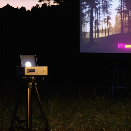 Outdoor Portable Projector Use Portable projector set up during outdoor movie night at dusk with rugged terrain