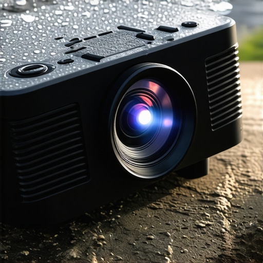 Outdoor Portable Projector in Adverse Weather Portable projector surviving outdoor weather conditions, demonstrating durability.
