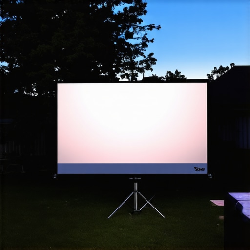 Outdoor projector setup in backyard at dusk with protective enclosure