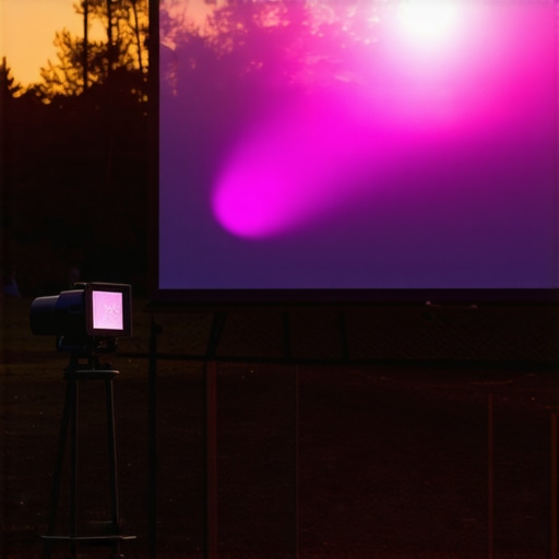 Portable laser projector displaying bright image outdoors at sunset.