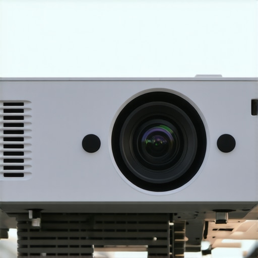 A projector set up outdoors during daytime with visible cooling vents.