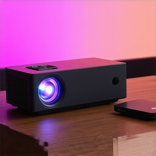 A sleek portable 4K projector displaying an image on a wall from a connected streaming device.