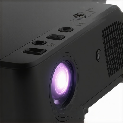 Close-up of a portable projector with durable casing and buttons.